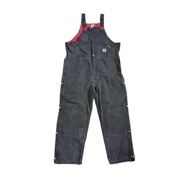 Vintage Carhartt Duck Zip Front Bib Overalls Black UNION Utility Quilted R04 BLK - Picture 1 of 10